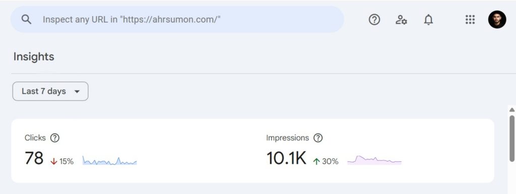 Seven day Shopify SEO performance showing rising impressions and stable clicks - shopify seo consultant australia
